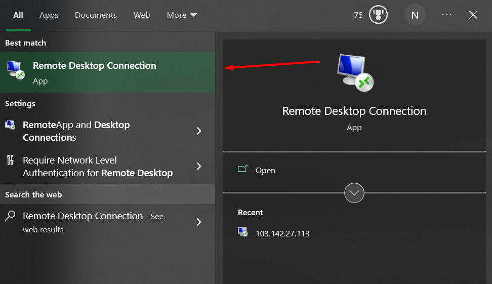 chọn Remote Desktop Connection để đăng nhập VPS